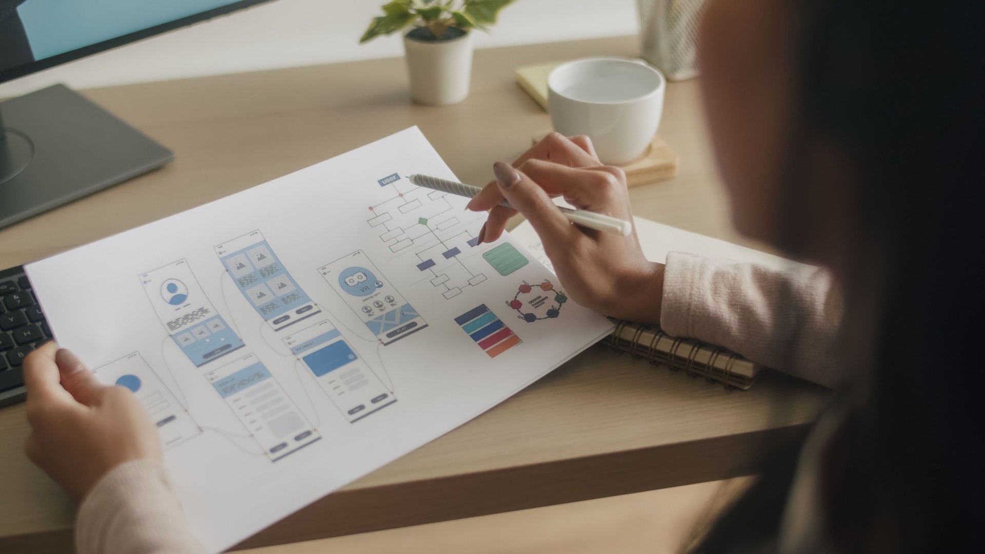 Designer Analyzing User Interface Flowchart.